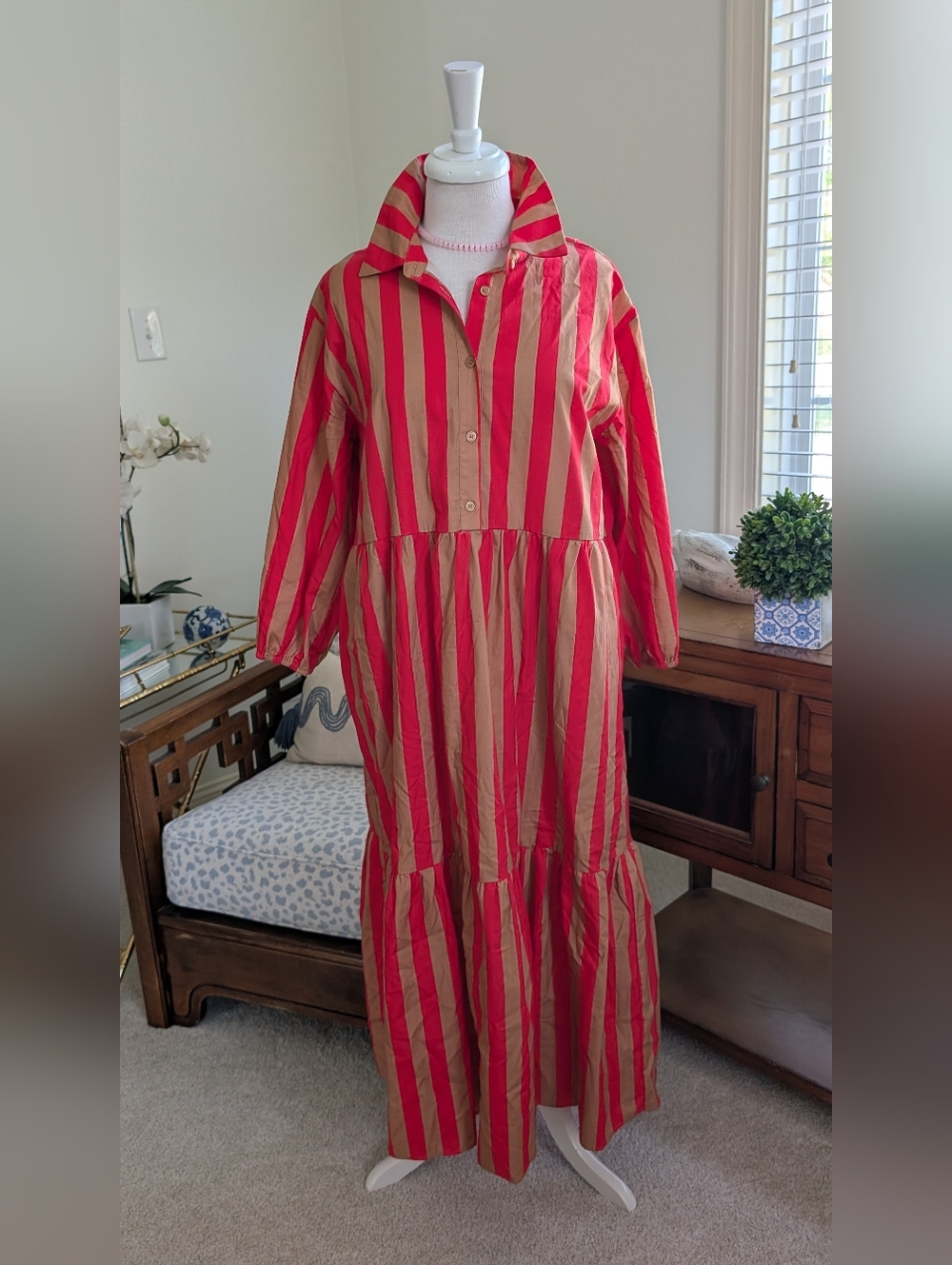 Striped Red and Tan Shirt Dress